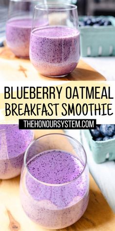 blueberry oatmeal breakfast smoothie in two glasses