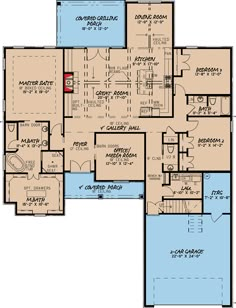 the first floor plan for a house with two master suites and an open kitchen area