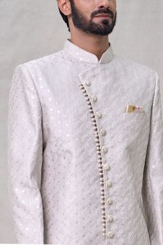 Gray sherwani with all over geometric, sequin embroidery. Paired with off white aligadhi pant. - Aza Fashions Sequin Embroidery, Grey Art, Sequins Embroidery, Silk Embroidery, Full Sleeves, Geometric Art, Aza Fashion, Full Sleeve, Stand Collar