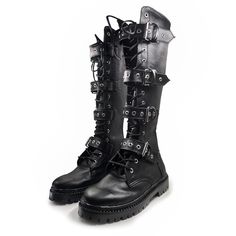 Our gloomy boots are a high quality 100% handmade product. Every single eyelet it's hand placed. This style is sewn and glued to the sole.  You can buy them with or without the straps and the color it's customizable. Gothic Lace-up Platform Boots For Cosplay, Gothic Lace-up Boots For Concert, Leather Gothic Knee-high Combat Boots, Alternative Fashion Combat Boots For Halloween, Halloween Alternative Combat Boots, Gothic Knee-high Lace-up Boots For Alternative Fashion, Gothic Knee-high Boots For Fall Alternative Fashion, Punk Knee-high Combat Boots For Alternative Fashion, Alternative Style Combat Boots For Halloween