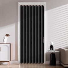 a black and white vertical blind in a living room