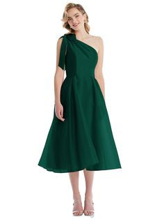 A Line Midi Dress Bridesmaid, Affordable A-line Formal Midi Dress, Queer Bridesmaid Dresses, Midi Formal Dress Tea Length, Formal Ankle Length Dress Classy, 1950s Semi Formal Dress Green, 1960s Bridesmaid Dresses, Pleated One Shoulder Dress, Wedding Guest Outfit Emerald Green