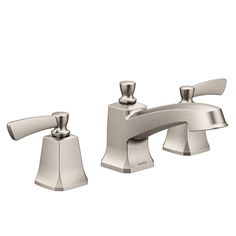 two handle bathroom faucet with metal levers in brushed stainless finish, shown from the side