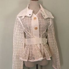 [Sacai Luck] Ivory Lattice And Lace Jacket Sz: 2. Nwt! 100% Cotton. Removable Stand Collar. Button Down. Belted. Ribbon Trim. Dry Clean Only. Length: 22”. Bust: 40”. Sacai.Jp White Long Sleeve Outerwear With Ruffles, White Ruffled Long Sleeve Outerwear, Fitted Cream Feminine Outerwear, Chic Cream Outerwear With Ruffles, Fitted Cream Outerwear With Ruffles, Elegant Cream Outerwear With Ruffles, Designer Beige Outerwear For Spring, Designer Fitted White Outerwear, Designer White Fitted Outerwear