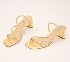 These elegant heel sandals provide your everyday outfits with a sparkle of style that will never go unnoticed. From Schutz. Cheap Trendy Heels For Beach Season, Heels For Short Women, Heels For Short Dresses, Gold Heeled Sandals, Hoco Shoes Flats, Low Gold Heels, Short Heels Aesthetic, Gold Heels Short, Short Gold Heels