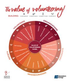 the value of volunteering wheel with words in red, orange and blue on it