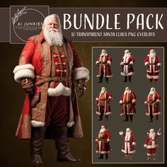 an image of santa claus in costume for the christmas season with multiple poses and expressions