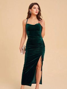 Dark Green Party Collar Sleeveless Knitted Fabric Plain Cami Embellished Slight Stretch  Women Clothing Winter Formal Dresses Short, Velvet Cami Dress, Sorority Recruitment Outfits, Recruitment Outfits, Velvet Bodycon Dress, Winter Formal Dresses, Aesthetic Dress, Asymmetrical Hem Dress, Formal Dresses Short