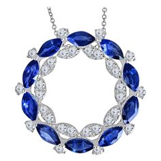 This sapphire pendant defines opulence with its breathtaking double halo design. This captivating piece is a true work of art, featuring a symphony of gemstones that will leave you in awe. On the outer halo, you'll find a striking arrangement of 10 marquise-cut blue sapphires, elegantly alternating with 10 dazzling round natural diamonds. This juxtaposition of shapes and colors creates a mesmerizing outer layer that draws the eye in. The inner halo is equally enchanting, boasting 20 round diamon Tiffany Engagement, Tiffany Engagement Ring, Round Diamond Pendant, Modern Gold Jewelry, Marquise Shape Diamond, Halo Design, Heart Pendant Gold, Halo Pendant, Double Halo