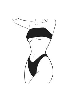 a black and white drawing of a woman's torso in a bathing suit with her hand on her hip