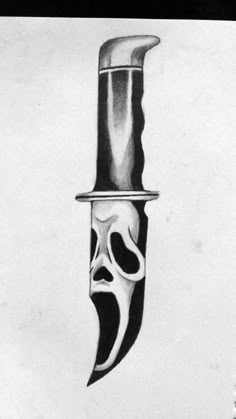 a drawing of a knife with a skull on it's side and a hat on top