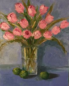 a painting of pink flowers in a vase with green apples on the table next to it