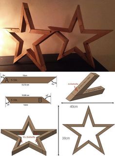 three wooden stars are shown with measurements to make them look like they have been cut out