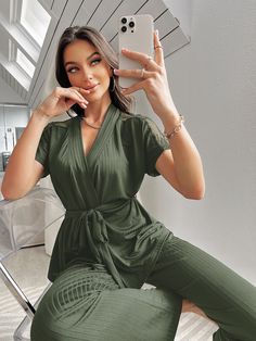 Contrast Lace Belted PJ Set / Pajama Set Army Green Casual-Woman  Short Sleeve Fabric Plain Robe Sets Slight Stretch All Women Sleep & Lounge, size features are:Bust: ,Length: ,Sleeve Length: Plain Pants, Mens Pajamas Set, Pajama Set Women, Pajama Sets, Pj Sets, Kids Sleepwear, Kids Beachwear, Sweater Sleeves, Womens Fall