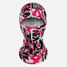 a pink and black ski mask on a white background