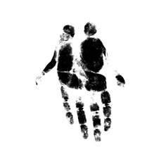 two people are holding hands in the shape of a handprint on a white background