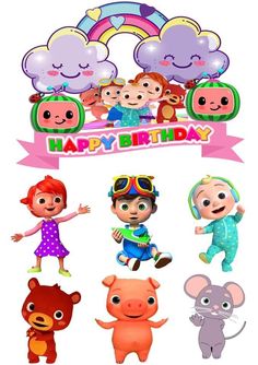 cartoon characters with happy birthday signs and balloons