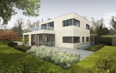 this is an artist's rendering of a modern house in the garden with trees and shrubs