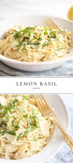 two pictures of lemon basil pasta in white bowls