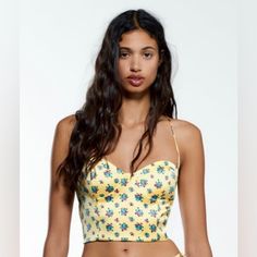 New With Tags Zara Crop Top Size Xl Color Yellow Floral Open Back Tie Up Retail$39.90 Yellow Triangle Top For Spring, Spring Floral Print Triangle Top, Spring Triangle Top With Floral Print, Fitted Floral Print Triangle Top, Fitted Triangle Top With Floral Print, Spring Beachwear Cami Tops, Triangle Top With Floral Print For Beachwear, Casual Floral Print Triangle Top, Trendy Zara Swimwear For Spring