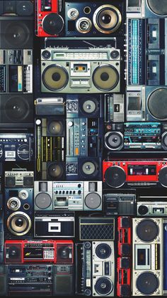 an array of boomboxes and stereos are arranged in the shape of a wall