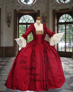 CLARET RED DAY GOWN  FULLY BONED. NO CORSET REQUIRED FOR BUST UPLIFT! THE MODEL IN THE VIDEO IS 5FT 9 AND SIZE 18 This magnificent representation of an era long since past is a gorgeous example of a style of gown so 'en vogue' during the reign of Marie Antoinette, the undisputed queen of fashion  THE FABRICS The beautiful Faux silk has a slub crisp texture and is the closest to real silk I have ever used.  It is a grey blue but I have had difficulty in capturing the colour.  May I suggest you se Court Gown, Day Gown, Marie Antoinette Dresses, Rose Braid, Victorian Ball, Antoinette Dress, 18th Century Dress, Rococo Fashion, Century Dress