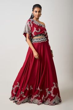 Burgundy red flared lehenga with bloom crest vine embroidery using sequin, thread, kantha, bead, fringe highlights. Paired with a matching embroidered one shoulder neck blouse. - Aza Fashions Fringe Highlights, Top With Lehenga, Lehenga For Women, Flared Lehenga, Vine Embroidery, Kurta Lehenga, Shamita Shetty, Genelia D'souza, Sanya Malhotra