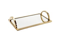 a gold metal tray with a mirror on the bottom and two handles to hold it