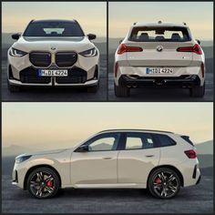 three different views of the new bmw x2 suvs in white and silver, with red rims