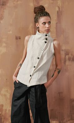 Sleeveless Linen Buttoned Top A90465 - Etsy Architectural Clothing, Button Shirt Outfit, Collar Vest, Natural Linen Fabric, Pleated Maxi Dress, Colored Pants, Long Jumpsuits, Button Top, Sleeveless Vest