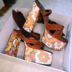 Suede Floral Platform Heels – Nectarine Dreams LLC Chunky Platform Suede Heels For Spring, Retro Chunky Platform Heels For Summer, Retro Platform Heels, Retro Chunky Platform Heels For Spring, Retro Stacked Heel Heels For Spring, Retro Stacked Heel Spring Heels, Retro Heels With Chunky Platform, Retro Brown Heels For Spring, Retro High Heels For Spring