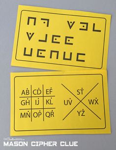 two yellow stickers with black letters and numbers on them, one is for the alphabet