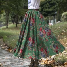 Olivia Mark - Floral Print Linen and Cotton A-line Skirt with Elastic Waistband and Flowy Hem in Moss Green Long Skirt Summer, Printed Long Skirt, Skirt With Elastic Waistband, Y2k Skirt, Linen Summer, Printed Pleated Skirt, Skirts Women, Long Skirts For Women, Floral Fit