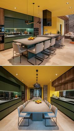 two pictures of the same kitchen and dining room