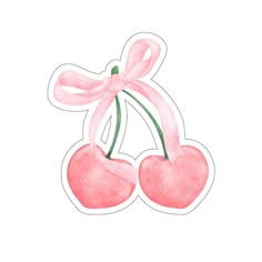 two cherries with pink ribbon tied around them on a white background, watercolor drawing