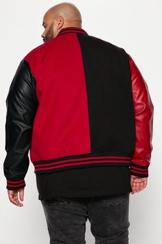 Available In Black/Red. Ribbed Collar Cuff Front Button Closure 2 Side Hand Pockets Faux Leather Sleeves Ribbed Cuff's And Hem's Colorblock Detail Body: 95% Polyester, 5% Viscose Sleeve Shell: 100% Polyurethane Contrast Rib: 99% Polyester 1% Spandex Lining: 100% Polyester Imported | Mens For The Books Faux Leather Sleeves Colorblock Varsity Jacket in Black/Red size Small by Fashion Nova Black Varsity Jacket With Zipper For Winter, Black Varsity Jacket With Zipper Closure For Winter, Black Outerwear With Contrast Panels For Fall, Black Fall Outerwear With Contrast Panels, Red Varsity Jacket With Ribbed Cuffs For College, Black Varsity Jacket With Patchwork For College, Black Patchwork Varsity Jacket For Fall, Color Block Varsity Jacket For College In Fall, Black Patchwork Varsity Jacket For College