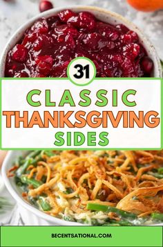 thanksgiving side dish with cranberry sauce and oranges in the background text reads 31 classic thanksgiving sides