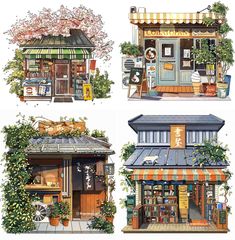 three pictures of different shops with flowers on the roof and in the front, behind them