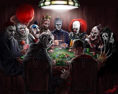 a group of clowns sitting around a table playing poker