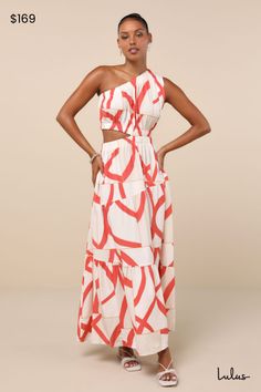 Your summer soirees will always be sweeter with the Little Lies Yasmin White and Coral Abstract Linen One-Shoulder Maxi Dress! Lightweight linen-blend woven fabric (with an abstract coral pink and orange print) shapes an elasticized, one-shoulder neckline with a matching cutout at the side. Elastic waist tops a tiered skirt that finishes at a maxi hem. Fit: This garment fits true to size. Length: Ankle length. Bust: Great for any cup size. Waist: Fitted - elastic waist allows stretch. Hip: Not F Tropical Print Outfit, Coral Abstract, Rehearsal Dinner Outfits, Abstract Dress, Orange Print, Tropical Dress, Summer Soiree, Tropical Party, White Coral