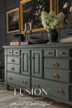 a green dresser with flowers on top and the words fusion mineral paint perfect for beautiful painting