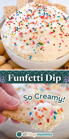 an ice cream dip with sprinkles in a bowl and on a cracker