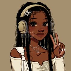 a woman wearing headphones and making the peace sign