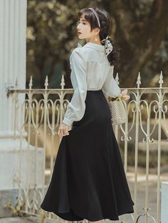 ❤Pearl Ribbon Ruffle Blouse + Flared Skirt❤ Feminine Long Sleeve Dress With Lined Skirt, Feminine Long Sleeve Lined Dress, Formal Ruffled Maxi Skirt, Elegant Relaxed Skirt With Ruffles, Elegant Ruffled Flared Maxi Skirt, Elegant Midi Skirt With Ruffles, Elegant Tiered Maxi Skirt For Fall, Fall Elegant Tiered Maxi Skirt, Elegant Full Skirt With Ruffles