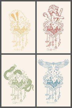 four different colored designs on white paper