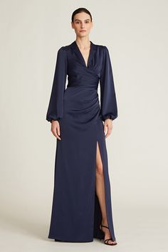 Kali Shirtdress Gown Draped Shirt, Chic Loungewear, Winter Wedding Guest Dress, Prom Dress Shopping, French Navy, Satin Gown, Gowns With Sleeves, Groom Dress, Bride Dresses