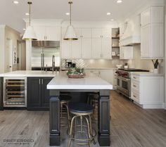 a kitchen with an island and two stools