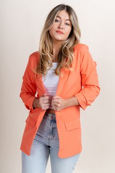 Boyfriend blazer from Lush Fashion Lounge women's boutique in Oklahoma City. Lush boutique in OKC has a variety of cute blazers and more! Pair this blazer with a crop top and jeans for a trendy and easy to wear look! Model is 5'4 size 26 wearing size small. 100% polyester Crop Top And Jeans, Peach Blazer, Trendy Belts, Trendy Blazers, Cute Blazers, Trendy Jackets, Moda Chic, Boyfriend Blazer, Women's Boutique