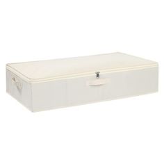 an empty white box with a tag on the lid for storage and display purposes, isolated against a white background