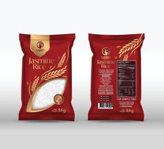 two bags of rice are shown side by side on a white background with the same bag as well